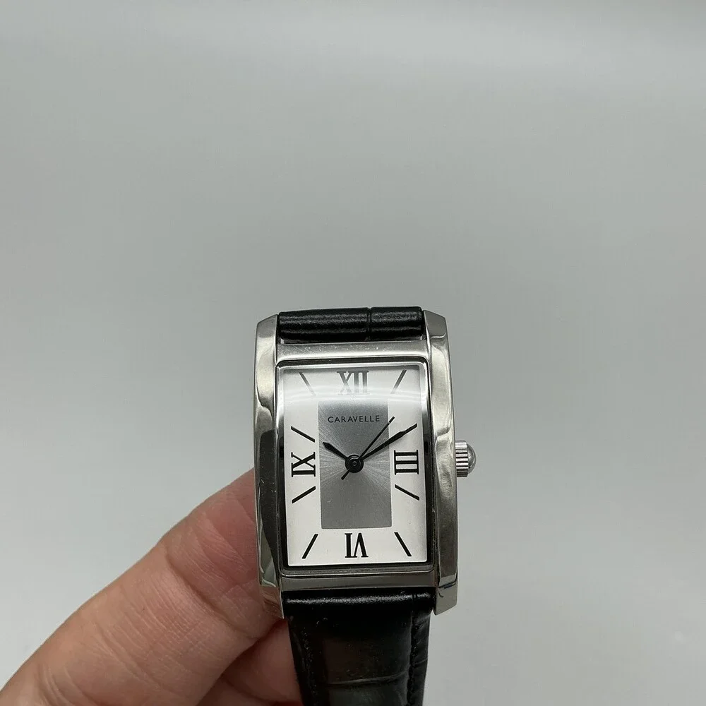 Caravelle Womens Watch 21mm Silver Tone Black Leather Band 43L202 New Battery
